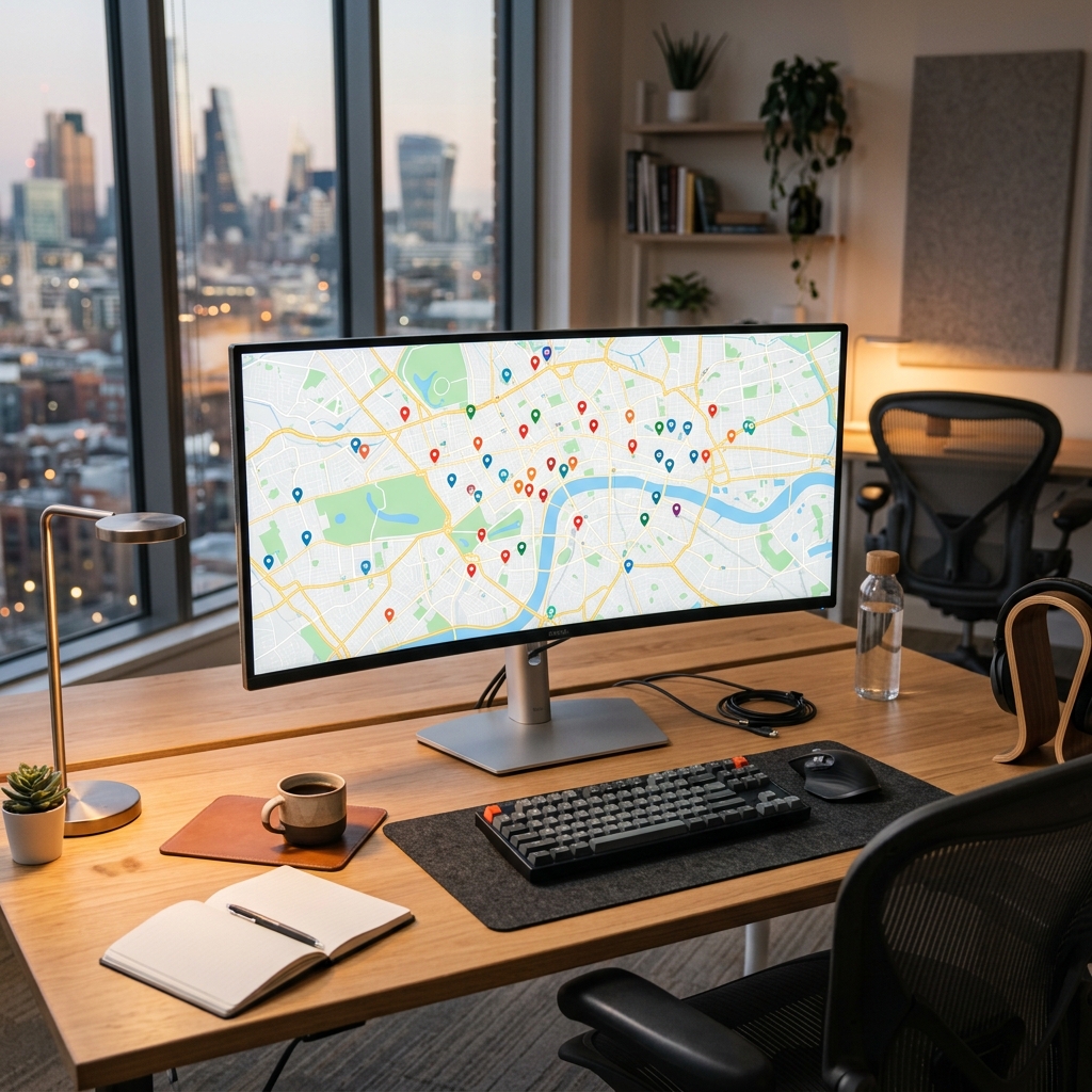 A professional desk setup with a large monitor displaying a map with location pins and business listings, modern office environment, warm ambient lighting, no people, no text